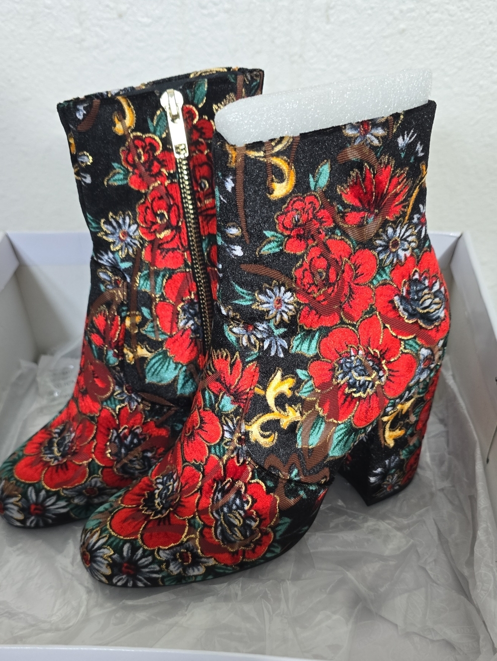 Floral Embroidered Red Ankle Boots - Women's Fashion